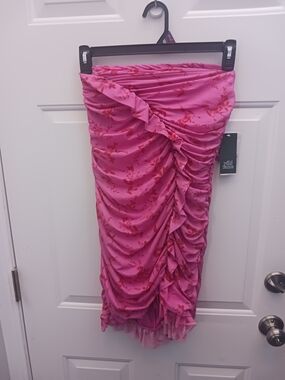 Ruched Pink Floral Midi Skirt